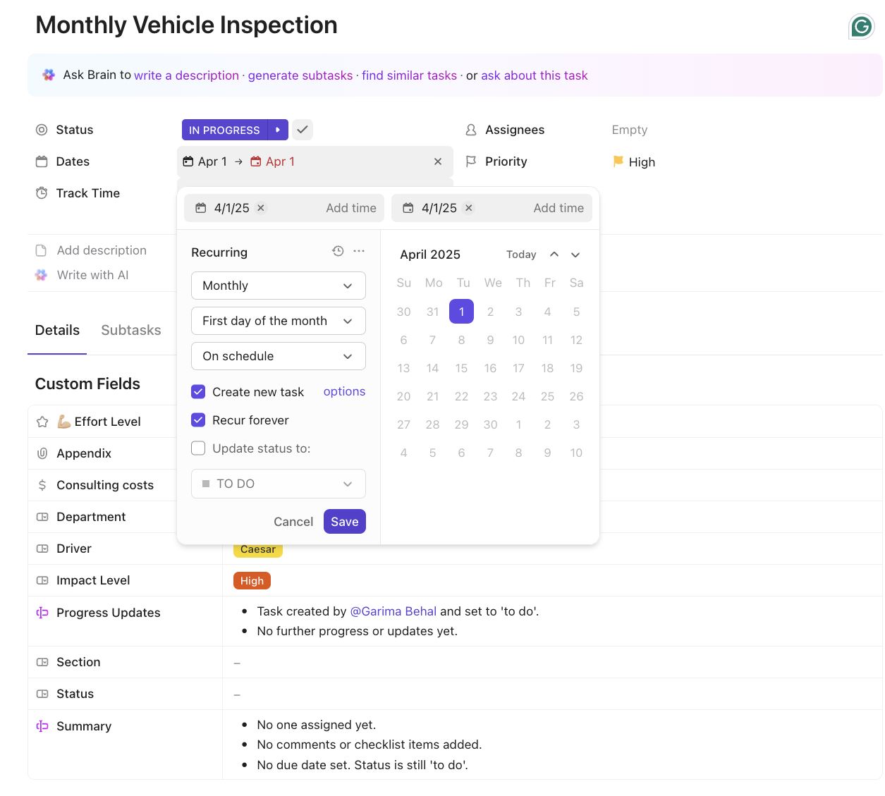 Never miss an update on fleet management tasks with ClickUp’s Task Management